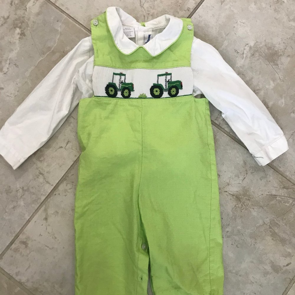 Smocked Tractor Longall/Overall w/ collared shirt